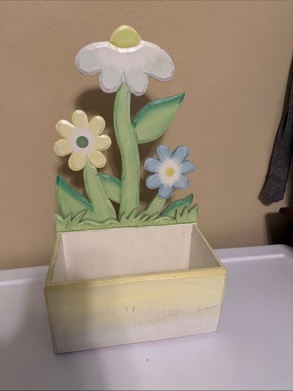 Hand-Painted Floral Wooden Planter Box in Pastel Yellow